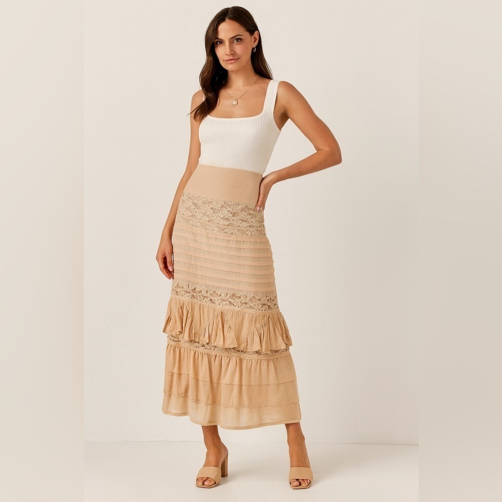 Camelot Italy Peach Lace Tiered Midi Skirt Size S Boho Romantic Cottagecore